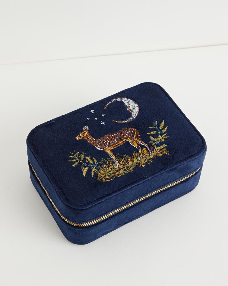 Deer & Moon Embroidered Large Jewellery Box Blueberry Velvet