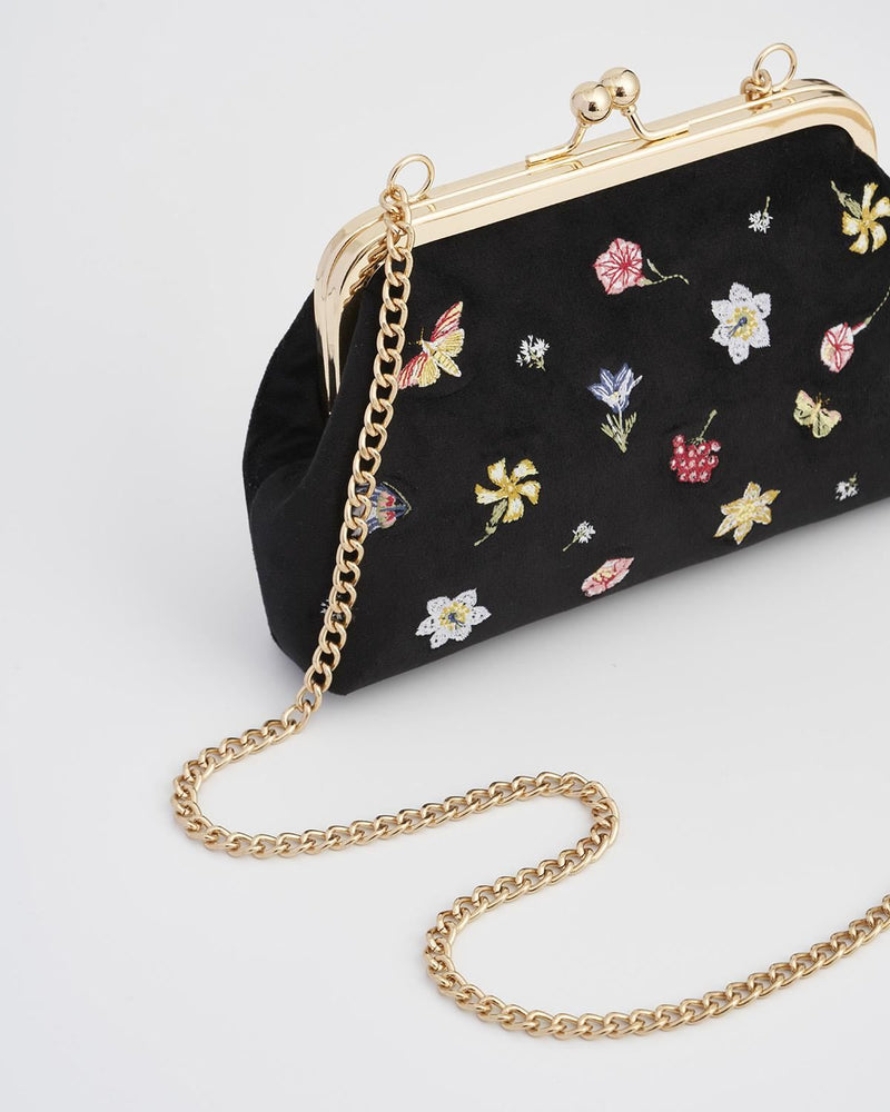 Floral Ditsy Embroidered Black Velvet Clutch Bag