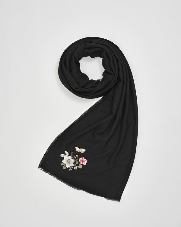 Floral Embroidered Black Pashmina Scarf