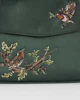 Robin Love Embroidered Green Satin Tote