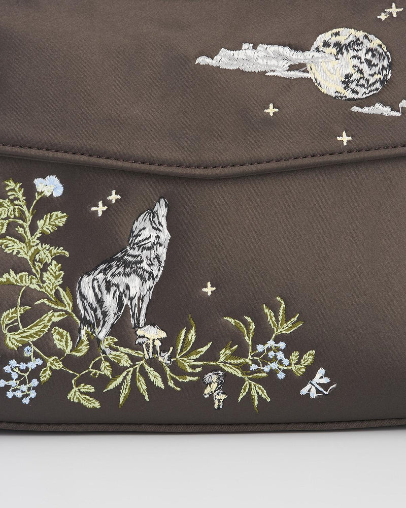 Wolf & Moon Embroidered Charcoal Satin Tote