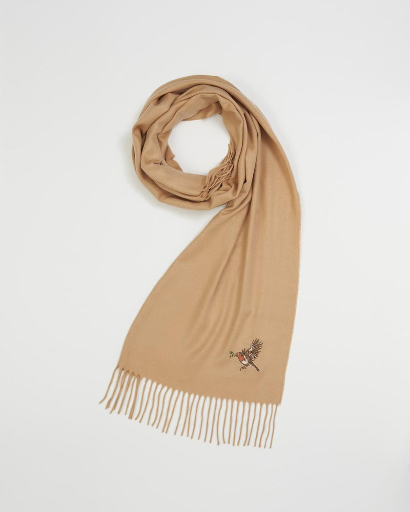 Robin Embroidered Cosy Camel Scarf