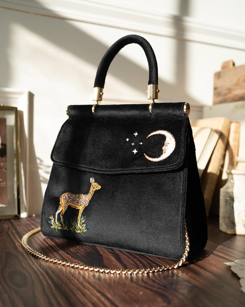 Borsa Tote Velluto Nero Ricamato Cervo & Luna