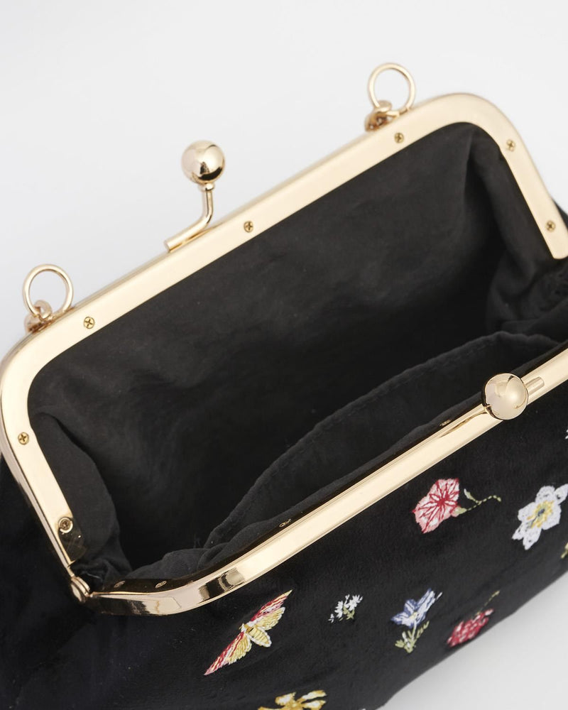 Floral Ditsy Embroidered Black Velvet Clutch Bag