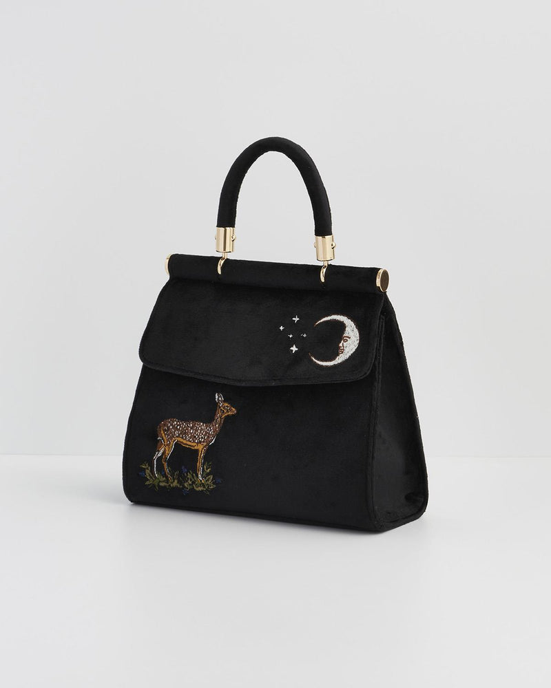 Deer & Moon Embroidered Black Velvet Tote