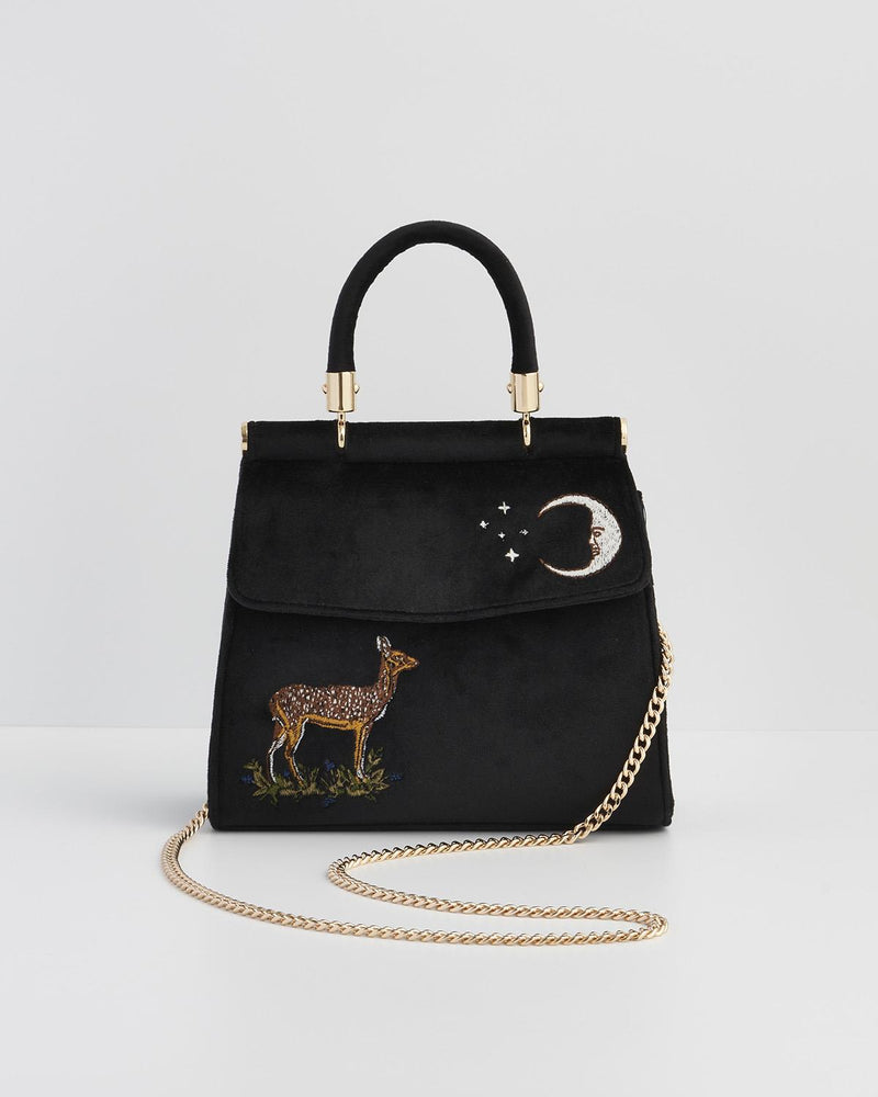 Deer & Moon Embroidered Black Velvet Tote